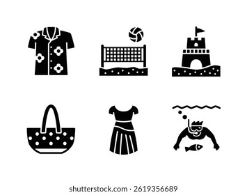 Simple Set of Summer Related Solid Icons. Contains Icons as Beach Shirt, Volleyball, Sandcastle and more.