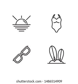Simple Set of summer Related Vector Line Icons. Contains such Icons as sunset, swimsuit, sunglasses, surfboard.