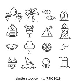 Simple set of summer, sea side icons outline isolated on white background