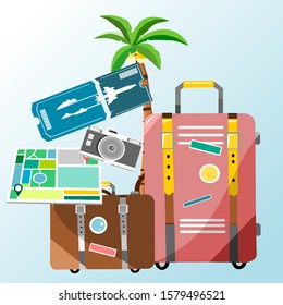 Simple set for summer vacation consist of ticket, suitcase, camera, and destination map