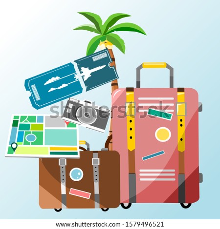 Simple set for summer vacation consist of ticket, suitcase, camera, and destination map