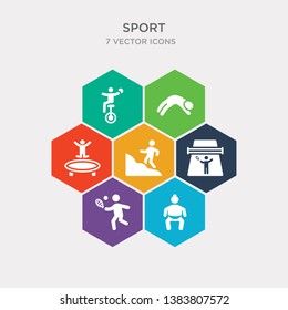 simple set of sumo, tennis ball, tennis court, trail running icons, contains such as icons trampolining, tumbling, unicycling handball and more. 64x64 pixel perfect. infographics vector