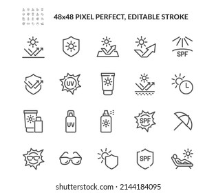 Conjunto simple de iconos de línea de vectores relacionados con la protección solar. 
Contiene iconos como protector solar, gafas de sol, tiempo de exposición de rayos UV y más. Stroke editable. 48x48 Pixel Perfecto.