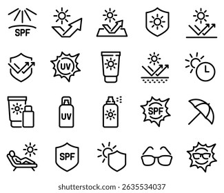 Simple Set of Sun Protection Related Vector Line Icons. Contains such Icons as Sunscreen, Sunglasses, UV rays exposure time and more.