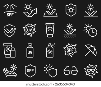 Simple Set of Sun Protection Related Vector Line Icons. Contains such Icons as Sunscreen, Sunglasses, UV rays exposure time and more.