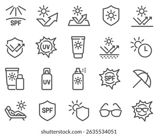 Simple Set of Sun Protection Related Vector Line Icons. Contains such Icons as Sunscreen, Sunglasses, UV rays exposure time and more.