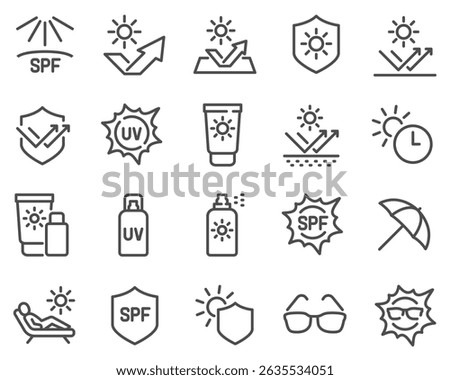 Simple Set of Sun Protection Related Vector Line Icons. Contains such Icons as Sunscreen, Sunglasses, UV rays exposure time and more.