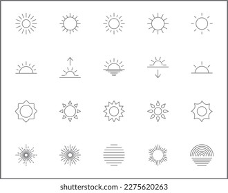 Simple Set of sun Related Vector Line Icons. Vector collection of sunbursts, rays, weather, sunraise, sunshine, solar and design elements symbols or logo element.