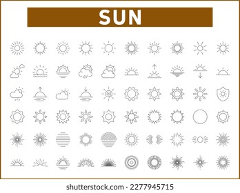 Conjunto simple de iconos de línea de vectores relacionados con el sol. Colección vectorial de los rayos solares, rayos, tiempo atmosférico, luz solar, elementos solares y de diseño, símbolos o elementos de logotipo.