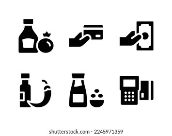Simple Set of Supermarket Related Vector Solid Icons. Contains Icons as Tomato Ketchup, Payment Card, Cash and more.