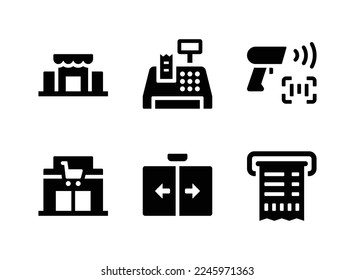 Simple Set of Supermarket Related Vector Solid Icons. Contains Icons as Store, Cashier Machine, Bar code Scanner and more.