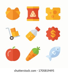 Simple Set Supermarket Vector Color Icons. Color with Editable stroke. Cheese, hand truck, carrot, fish, price sticker and more.