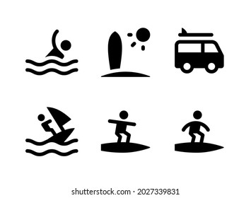 Simple Set of Surf Related Vector Solid Icons. Contains Icons as Surfboard, Windsurfer, Surfing, Swim and more.