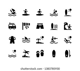 Simple Set of Surfing Related Vector Glyph Icons. Contains such Icons as surfing, beach, surfboard, sandal, sunset and More. pixel perfect vector icons based on 32px grid. Well Organized and Layered