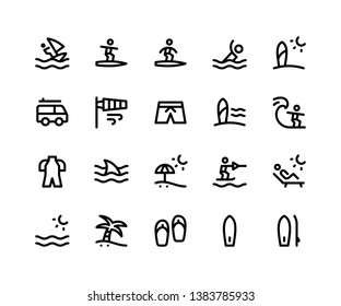 Simple Set of Surfing Related Vector Line Icons. Contains such Icons as surfing, beach, surfboard, sandal, sunset and More. pixel perfect vector icons based on 32px grid. Editable Strokes