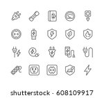 Simple Set of Surge Protector Related Vector Line Icons. 
Contains such Icons as American/European Socket, USB Charge, Child Protection and more.
Editable Stroke. 48x48 Pixel Perfect.