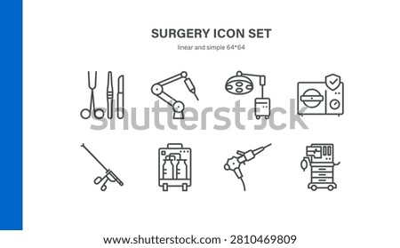 Simple Set of Surgery Related Vector Line Icons. Contains such Icons as Surgical Instruments, Robotic Surgery, Operating Lamp, Laparoscope, Anesthesia Machine and more. Editable Stroke. Pixel Perfect 