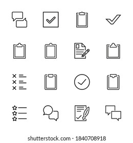 Einfache Sammlung von Umfragen moderne Dünnliniensymbole. Trendloses Design. Paket mit Strichsymbolen. Vektorgrafik einzeln auf weißem Hintergrund. Symbole in Premium-Qualität.