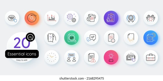 Simple set of Survey results, Technical documentation and Manual line icons. Include Inspect, Check article, Winner ribbon icons. Education, Recovery file, Portfolio web elements. Vector