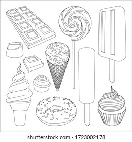 Simple Set of Sweets Isolated on White Background. Chocolate, Soft Serve Ice Creams in Waffle, Cupcake, Donut, Popsicles, and Candies. Vector 3d Line Icons.