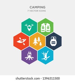 simple set of swiss army knife, bonfire, gas, pines icons, contains such as icons canoe, fishing vest, hunting trophy and more. 64x64 pixel perfect. infographics vector