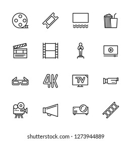 Simple set symbols cinema, filming cinema and film theater. Contains such icon movie, popcorn, cinema film, screen, award, glasses, 3d, 4k television camera video