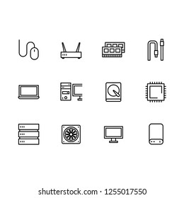 Simple set symbols computer hardware and components outline icon. Contains such icon RAM, hard disk, processor, server, cooler, laptop, notebook pc,wi fi router, mouse, computer monitor