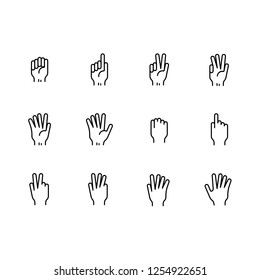 Simple set symbols hand and finger gesture line icon. Contains such icon hand palm, fist, index finger, thumb, victory gesture and other gestures