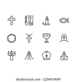 Simple set symbols religion and church line icon. Contains such icon religious cross, holy bible book, candle, crown of thorns, goblet, grail, temple, prayer, grave, death, angel