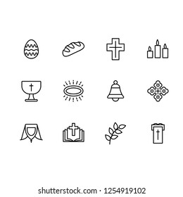 Simple set symbols religion and church line icon. Contains such icon Easter egg, bread, cross, candles bell, prayer book and bible, church, temple, worship, orthodoxy, catholicism