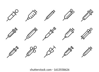 Simple set of syringe modern thin line icons. Trendy design. Pack of stroke icons. Vector illustration isolated on a white background. Premium quality symbols.