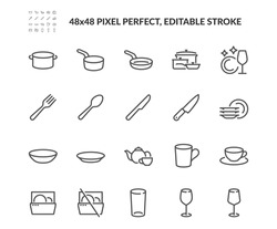Simple Set Of Tableware Related Vector Line Icons. Contains Such Icons As Teapot, Clean Dishes, Dish Washer Machine And More. Editable Stroke. 48x48 Pixel Perfect.