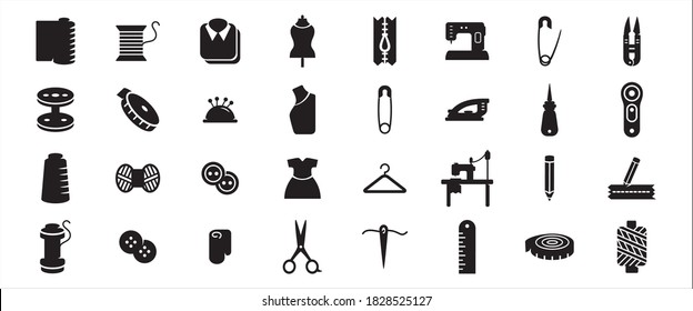 Simple Set of tailor, dress maker Related Vector icon graphic design template. Contains such Icons as yarn, sewing machine, scissor, brooch, zipper, ruler and more