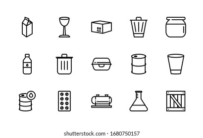 A simple set of tare-related vector line icons. Contains icons such as: bio packaging, bottle, barrel, tank, box, box, jar, glass, bucket, and more. Editable Stroke. 48x48 pixels is perfect.