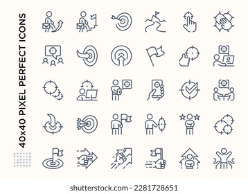 Simple set of Target Business icon set. Contains such Icons as Arrow target, Goals, Success, Planning. Editable stroke