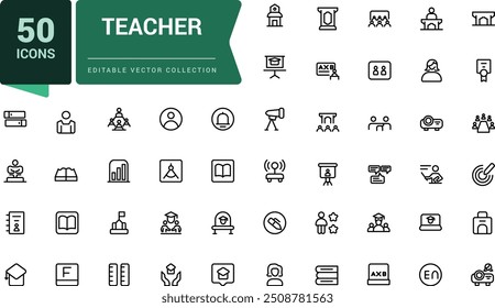 Conjunto simples de ícone do professor. Contém ícones como apresentador, professor, público e muito mais. Pixel perfeito, minimalista web e ícone UI. Contornar coleções de ícones.