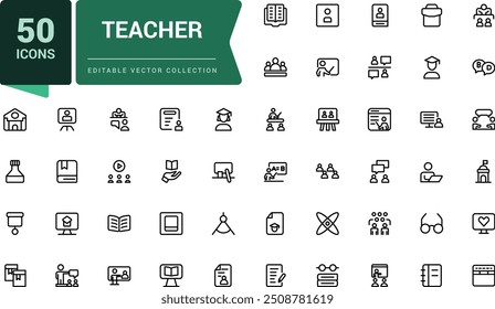 Conjunto simples de ícone do professor. Contém ícones como apresentador, professor, público e muito mais. Pixel perfeito, minimalista web e ícone UI. Contornar coleções de ícones.
