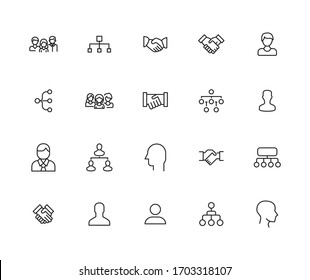 Einfache Sammlung von Team-Icons im trendigen Linienstil. Moderne Vektorillustration-Symbole einzeln auf weißem Hintergrund. Lineare Piktogrammpackung. Kollektion von Line-Icons für Web-Apps und mobiles Konzept.