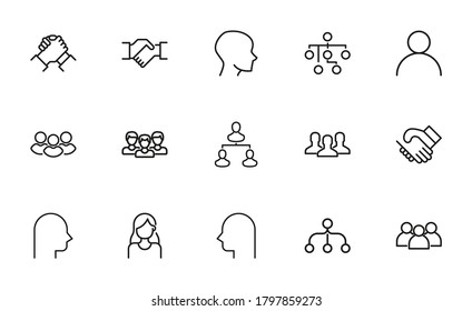 Einfache Sammlung von Team-Icons im trendigen Linienstil. Moderne Vektorsymbole einzeln auf weißem Hintergrund. Lineare Piktogrammpackung. Kollektion von Line-Icons für Web-Apps und mobiles Konzept.
