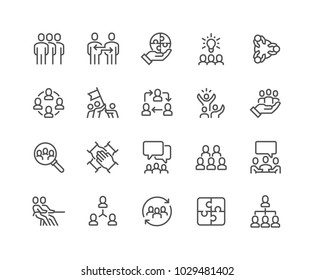 Simple Set of Team Work Related Vector Line Icons. 
Contains such Icons as Collaboration, Research, Meeting and more.
Editable Stroke. 48x48 Pixel Perfect.