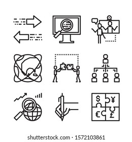 Simple Set of Team Work Related Vector Line Icons. Contains such Icons as Collaboration, Research, Meeting and more.