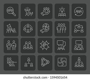 Simple Set of Team Work Related Vector Line Icons with a smooth dark background. Contains such Icons as Collaboration, Research and Meeting. Editable Stroke. 58x58 Pixel Perfect.