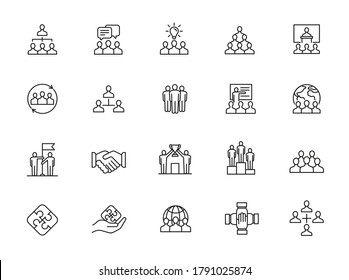 Simple Set of Team Work Related Vector Line Icons. Contains such Icons as Collaboration, Research, Meeting and more.