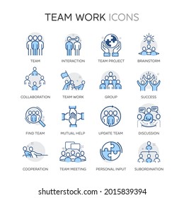 Simple Set of Team Work Related Vector Line Icons. Contains such Icons as Cooperation, Collaboration, Team Meeting and more.  