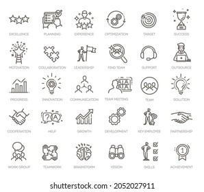 Conjunto simple de iconos de línea de vectores relacionados con el trabajo en equipo.