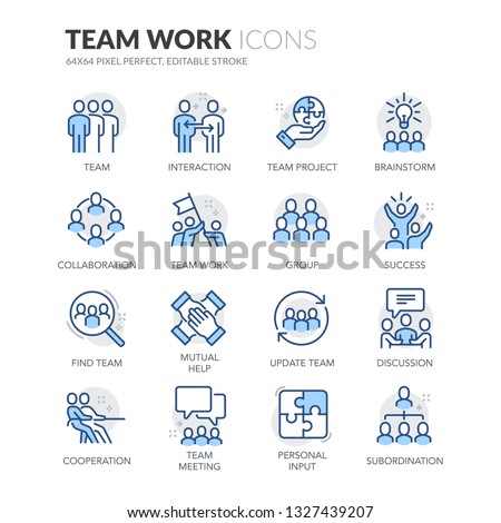 Simple Set of Team Work Related Vector Line Icons. Contains such Icons as Cooperation, Collaboration, Team Meeting and more. Editable Stroke. 64x64 Pixel Perfect.