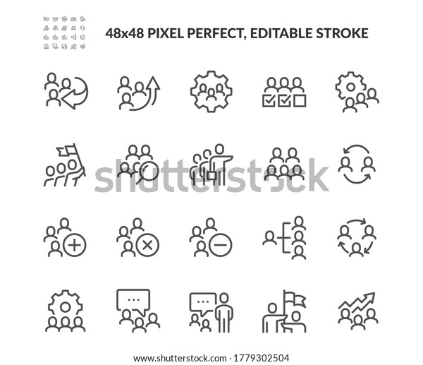 Simple Set of Team Work Related Vector
Line Icons. Contains such Icons as Team Setup, Performance,
Structure and more. Editable Stroke. 48x48 Pixel
Perfect.