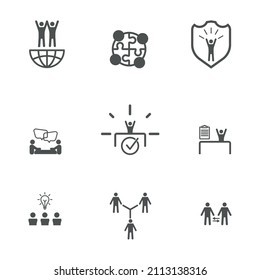 
Simple set of teamwork related vector line icons. Contains such Icons as cooperation, research, meetings and more. Editable move.