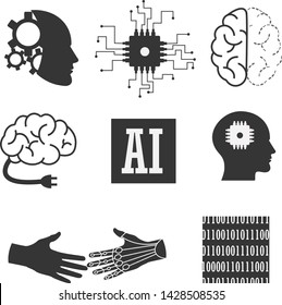 Simple Set of Technology Vector Icons(Artificial Intelligence). Contains such Icons as CPU Micro scheme, AI Logo, Robot and Human hands, Brain with charger, Human head with CPU, One and zero logo