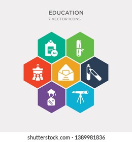 simple set of telescope, graduating, full test tube, open email icons, contains such as icons teach, rolled diploma, clipboard with a+ and more. 64x64 pixel perfect. infographics vector